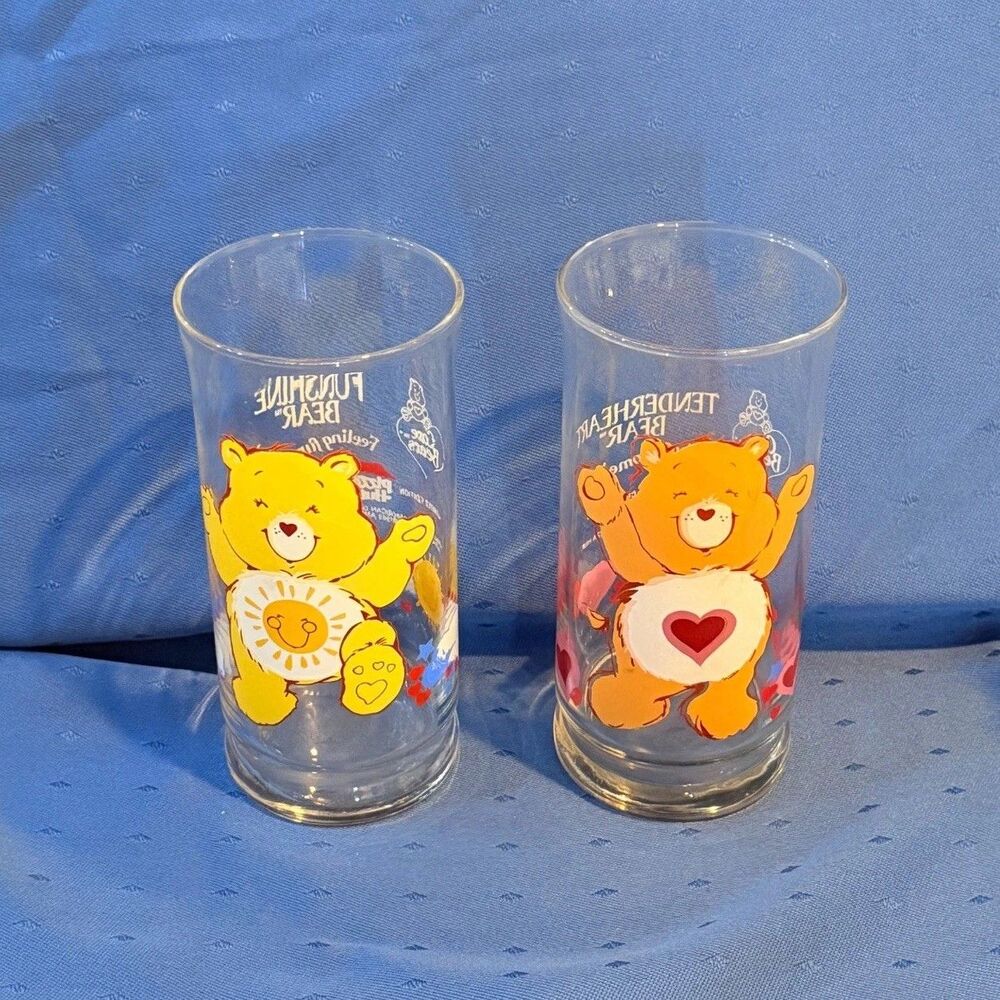 1983 Care Bears Pizza Hut Glasses Funshine Tenderheart Vintage Lot of 2